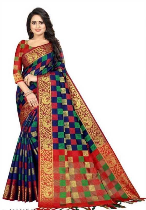 ADRIKA Banarasi Silk Saree With Banarsi Silk Separate Blouse Piece - Blue/ Red, Banarasi Silk, Pack of 1, Free Size